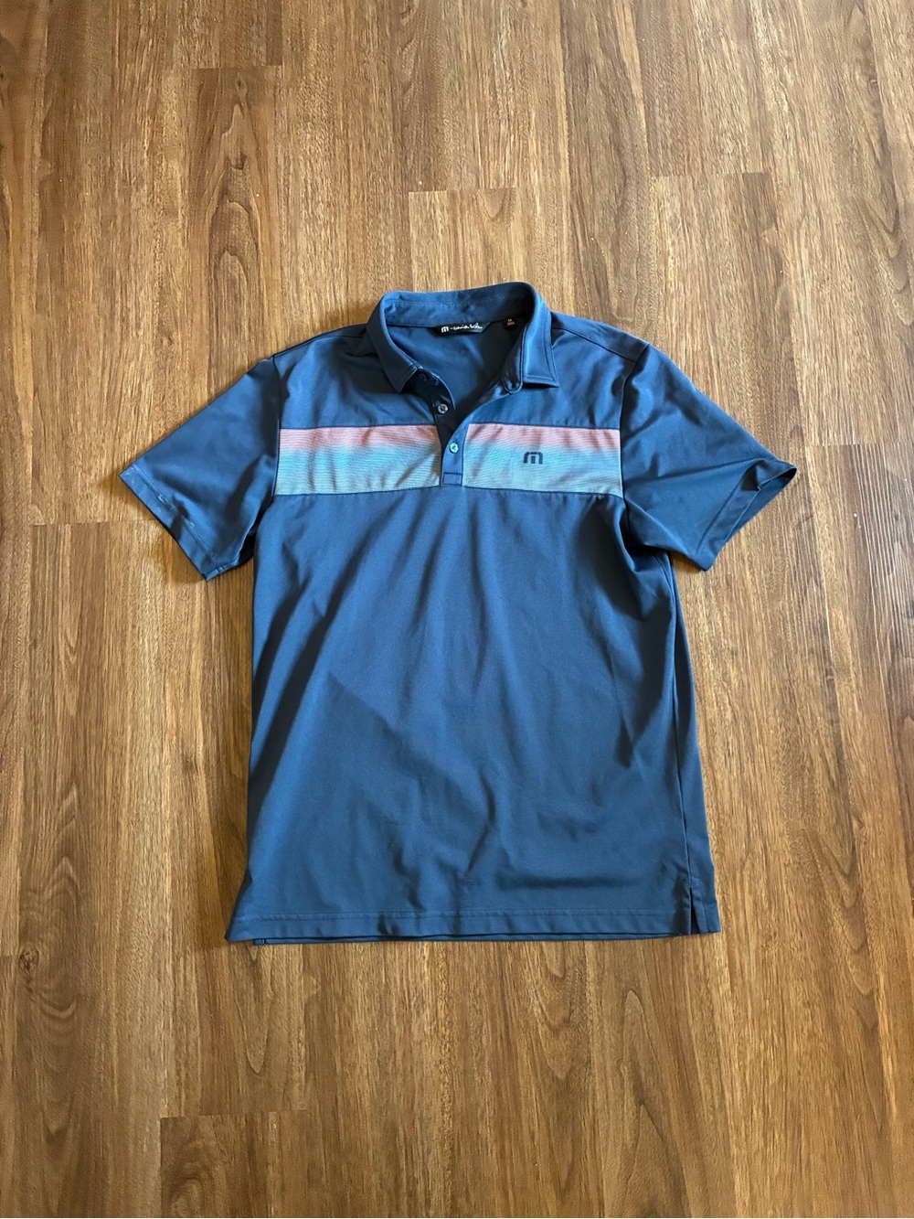 TravisMathew Men’s Blue Striped Polo Shirt Size M Short Sleeve Logo Button